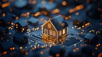 Glowing house model on circuit board with golden bokeh lights creating magical atmosphere for smart home and technology concept background.