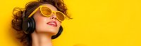 Young woman with curly hair wearing yellow sunglasses and headphones enjoying music against bright yellow background for lifestyle and entertainment content.