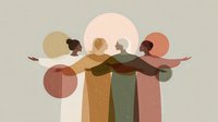 Diverse women standing together in unity with arms around each other, illustrated in earthy tones against soft background.