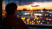 Young Asian man looking through airport window at sunset with airplane silhouette and city lights creating dreamy bokeh effect in background, expressing wanderlust and travel aspirations.