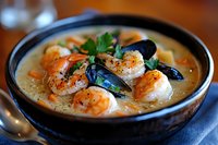 Creamy seafood soup with tender shrimp, mussels and fresh herbs in ceramic bowl. Rich broth garnished with parsley shows delicate seasoning and professional culinary presentation.