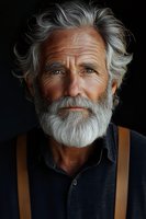 Portrait of mature Caucasian male with gray hair and full beard wearing dark shirt and suspenders against black background, dramatic lighting emphasizes facial features.