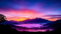 Dramatic sunrise over misty mountain ranges with vibrant purple and pink sky colors creating layered silhouettes in peaceful valley landscape for nature backgrounds.