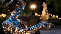 Illuminated classical statue in garden at night with glowing fairy lights creating magical atmosphere against dark background with bokeh effects and second statue silhouette.