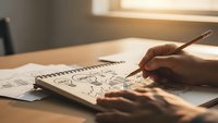 Close-up of hands sketching creative ideas in notebook on wooden desk with warm natural lighting for business planning and brainstorming sessions.