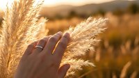 Hand gently touching golden wheat ears in warm sunlight during harvest season with blurred agricultural field background creating peaceful rural atmosphere.