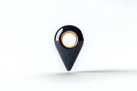 Black location pin marker with orange ring detail on white background, floating with soft shadow. Isolated design element for maps and navigation.