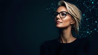 Young blonde woman wearing glasses against dark background with glowing digital network pattern, modern technology concept for business presentations.