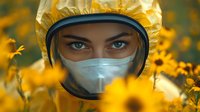 Young female medical worker in protective gear and face mask looking through yellow flowers, intense blue eyes visible, dramatic portrait in sunflower field during pandemic.