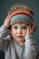 Young child wearing colorful striped knit winter beanie hat and gray sweater holds hands near face, showing bright blue eyes and innocent expression against dark background.