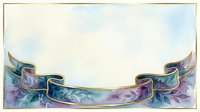 Watercolor banner frame with teal ribbon and purple floral leaves, gold border, soft blue background, copy space for text or greeting card design.