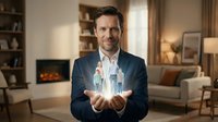 Professional businessman in suit presenting holographic family figures in modern living room with fireplace for insurance and family protection concepts.