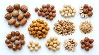 Assorted nuts collection including walnuts, hazelnuts, macadamia, and almonds arranged in groups on white background for food and nutrition design projects.