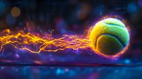 Tennis ball with glowing neon energy trail and electric effects on dark background, suitable for sports graphics and digital design projects.