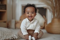 Cheerful African American toddler in white shirt and plaid pants sitting on floor at home, genuine smile and joyful expression in natural lighting with neutral decor.