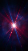 Radiant starburst with red and blue light rays emanating from bright center on dark background. Use for energy, technology, innovation, and abstract design projects.