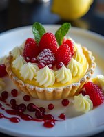 Fresh raspberry lemon tart garnished with mint leaves and red currants on white plate. Buttery pastry filled with yellow custard and topped with whipped cream rosettes.