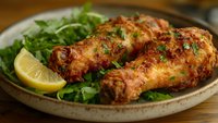 Golden fried fish fillets served on ceramic plate with fresh herbs and lemon wedge, ready for seafood dinner.