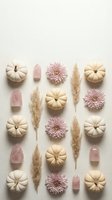 Autumn flat lay with white pumpkins, pink crystals, dried wheat and chrysanthemums arranged in rows on neutral background for seasonal decor.