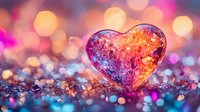 Sparkling crystal heart on glittering surface with pink and orange bokeh lights creating romantic atmosphere. Macro photography with shallow depth of field.