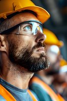 Caucasian male construction worker with beard wearing yellow hard hat and safety glasses looking up. Industrial workplace setting with coworkers in background.