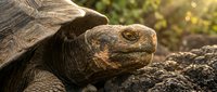 Ancient tortoise with detailed shell patterns resting on rocky surface in warm golden sunlight, showcasing natural wildlife beauty and reptilian characteristics.