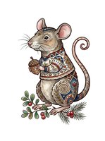 Decorated mouse wearing ornate patterned sweater holding festive branch with berries and greenery, isolated on white background for holiday designs and seasonal clipart applications.