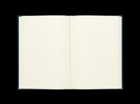 Open hardcover notebook with blank cream pages and dark blue cover, isolated on transparent background. Ready for stickers, clipart, and print on demand designs.