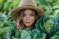 Young woman with long blonde wavy hair and fair complexion wearing straw hat in vegetable garden surrounded by fresh green kale plants for farming, agriculture, and organic produce concepts.