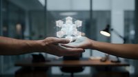 Two hands holding glowing digital cube with connected nodes representing blockchain technology, data transfer and business collaboration in modern office.