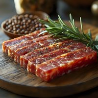Raw marbled beef steak sliced and seasoned with rosemary sprig and peppercorns on wooden cutting board, close up view of fresh meat preparation.