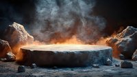 Dramatic stone altar with glowing light and rising smoke surrounded by rocks, creating mystical atmosphere for fantasy or spiritual concepts.