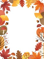 Autumn leaves frame with maple, oak foliage, acorns, mushrooms and berries on white background. Fall season border for seasonal designs and decorations.