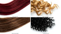 Hair extension samples showing different textures and colors including straight burgundy, wavy blonde, brown ombre and curly black styles for salon use.
