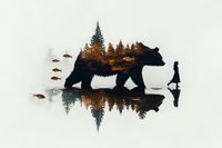Double exposure silhouette of bear with forest landscape and girl reflection in water, fish swimming through scene creates surreal nature artwork.