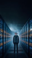 IT technician standing in modern data center corridor with glowing server racks and blue lighting for technology and computing concepts.