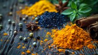 Aromatic spices and herbs with turmeric powder, black peppercorns, star anise, cinnamon sticks and fresh basil leaves on dark wooden background. Perfect for cooking.