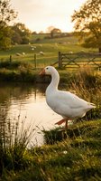 White goose standing by pond in rural farmland with grazing sheep, wooden gate, and golden hour sunlight filtering through trees for agricultural and countryside themes.