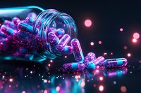 Glowing medical capsules spilling from glass jar with sparkling particles and pink bokeh lights on dark background, futuristic pharmaceutical concept.