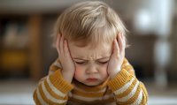 Young child in yellow striped sweater covering ears with hands, eyes closed tightly, showing signs of sensory overload or frustration against blurred background.