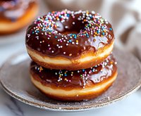 Chocolate glazed donuts stacked with colorful sprinkles on vintage plate. Rich dark chocolate coating drips down fluffy golden pastry creating indulgent dessert treat.