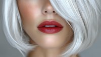 Close up of platinum blonde woman with bright red lipstick and flawless skin showing partial face against gray background, modern beauty concept.