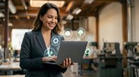 Businesswoman holding tablet with digital technology icons floating above screen in modern office workspace environment.