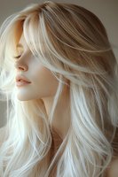 Young Caucasian woman with flowing platinum blonde hair in soft natural light, eyes closed, showing serene expression and flawless complexion. Side profile portrait.