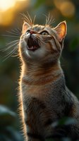 Curious ginger cat looking up with open mouth against sunset bokeh background, whiskers backlit by golden hour sunlight, close-up portrait showing natural feline behavior.