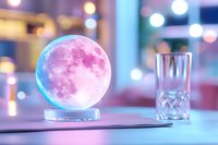 Glowing pink moon lamp on table with crystal glass and blurred bokeh lights in background creates dreamy atmospheric mood for home decor and lifestyle design.