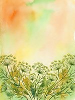 Watercolor botanical illustration featuring delicate green and yellow wildflowers with umbrella-shaped blooms against soft peachy-orange and cream gradient background. Suitable for nature-themed designs, stationery, and botanical artwork projects.