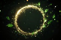 Magical glowing golden ring with green leaves and sparkles on dark background, mystical nature frame with shimmering light particles and foliage elements.