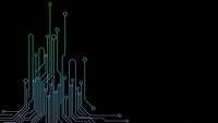 Circuit board pattern with glowing green lines and connection points on dark background for technology and electronics design projects.