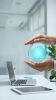 Hands holding glowing digital sphere with circuit board pattern in modern office workspace with laptop and tablet, representing technology innovation and business solutions.
